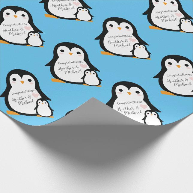 Cute Penguin Baby Shower Blue Boy Presentpapper (Hörn)