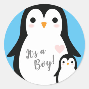Cute Penguin Baby Shower Blue Boy Runt Klistermärke