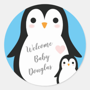 Cute Penguin Baby Shower Blue Boy Runt Klistermärke