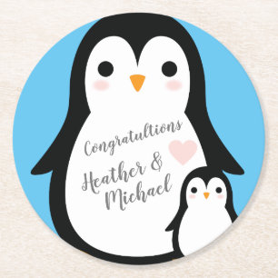 Cute Penguin Baby Shower Blue Boy Underlägg Papper Rund