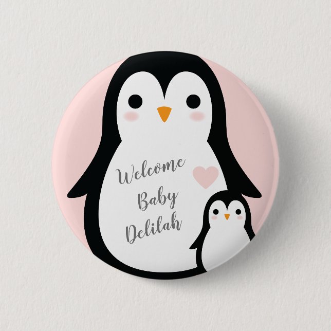 Cute Penguin Baby Shower Rosa Girl Knapp (Framsida)
