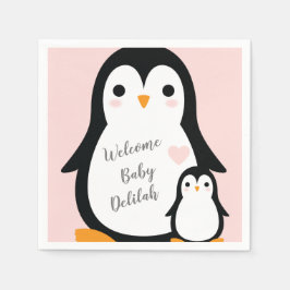 Cute Penguin Baby Shower Rosa Girl Pappersservett