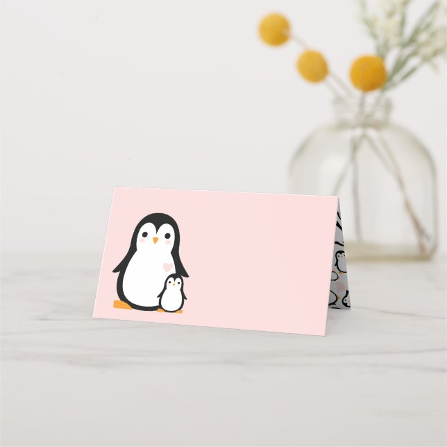 Cute Penguin Baby Shower Rosa Girl Placeringskort (Framsida)