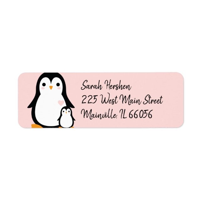Cute Penguin Baby Shower Rosa Girl Returadress Etikett (Framsidan)