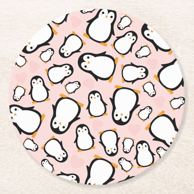 Cute Penguin Baby Shower Rosa Girl Underlägg Papper Rund (Framsidan)