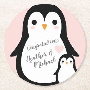Cute Penguin Baby Shower Rosa Girl Underlägg Papper Rund