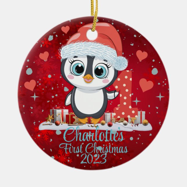 Cute Penguin Baby's First jul Red Julgransprydnad Keramik (Framsidan)