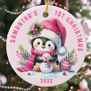 Cute Penguin Babys Rosa 1:a julens Personlig Julgransprydnad Keramik