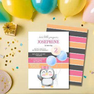 Cute Penguin Balloon Girl Birthday Inbjudningar