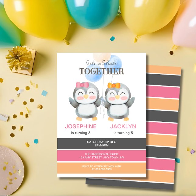 Cute Penguin Balloon Girls gemensamma födelsedag Inbjudningar (Skapare uppladdad)