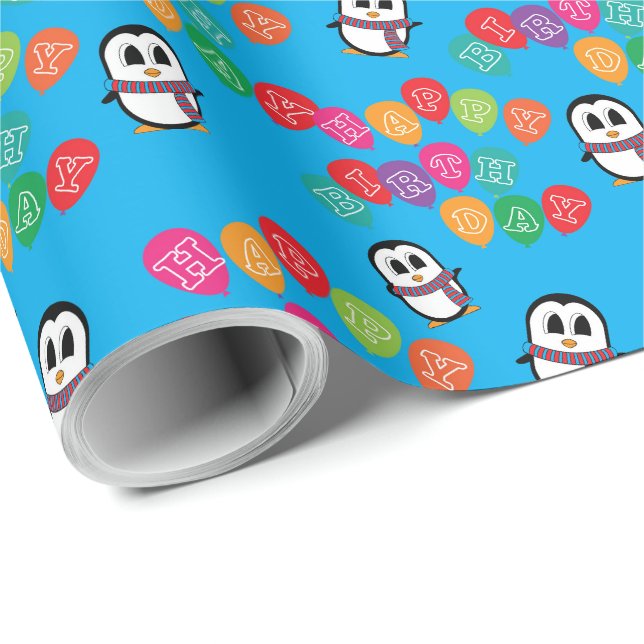 Cute Penguin & Balloons Birthday Wrapping Papper Presentpapper (Rullad Hörn)