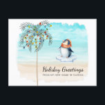 Cute Penguin Beach Scene Handflatan Träd Helgdag F Meddelande Vykort<br><div class="desc">Här är ett kort för roligt för att tillkännage ditt flyttande till Florida under julens helgdagar. En söt penguin som är klädd i en vinterhatt och halsstränder på isflänsen på en vattenfärgssandstrand i Florida som är komplett med handflatan träd som är dekorerad med helgdag. All text på vår anpassningsbar -...</div>