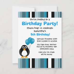 Cute Penguin Birthday Blue Rand Party Inbjudan