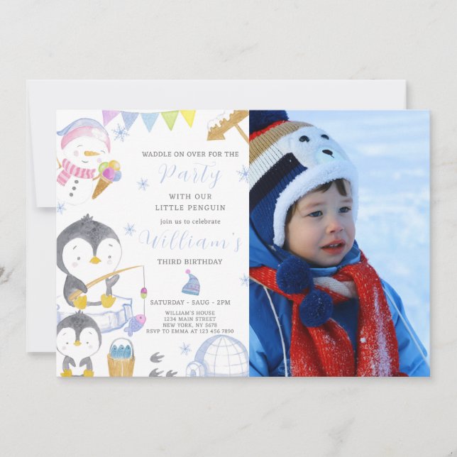 Cute Penguin Birthday-inbjudan med foto Inbjudningar (Framsida)