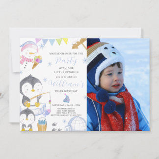 Cute Penguin Birthday-inbjudan med foto Inbjudningar