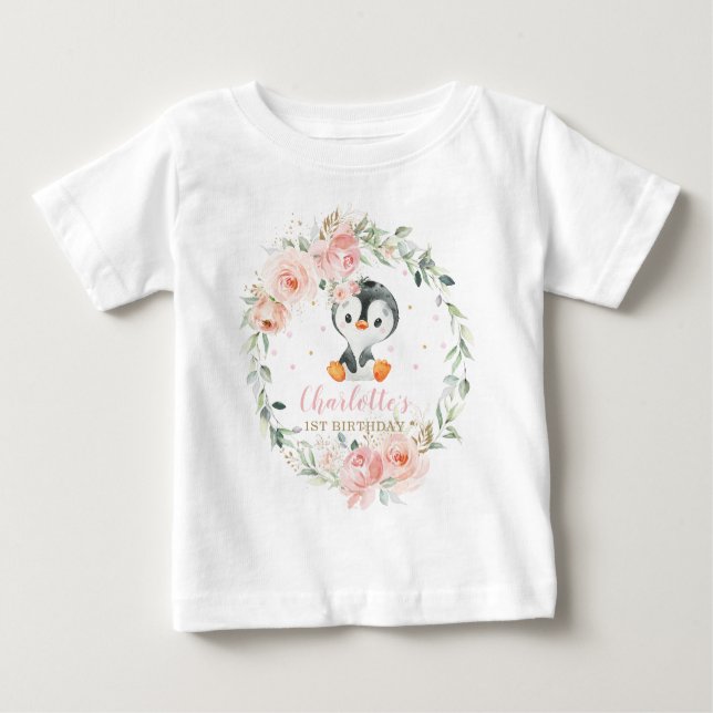 Cute Penguin  Blommigt 1:a födelsedagsutrustning T Shirt (Framsida)