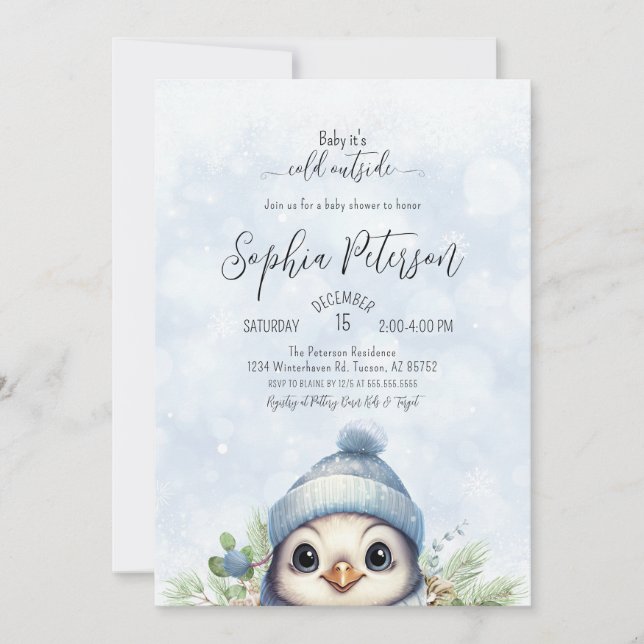 Cute Penguin Blue Boy Winter Baby Shower Inbjudningar (Framsida)