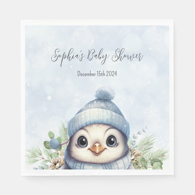 Cute Penguin Blue Boy Winter Baby Shower Napkins Pappersservett (Framsidan)