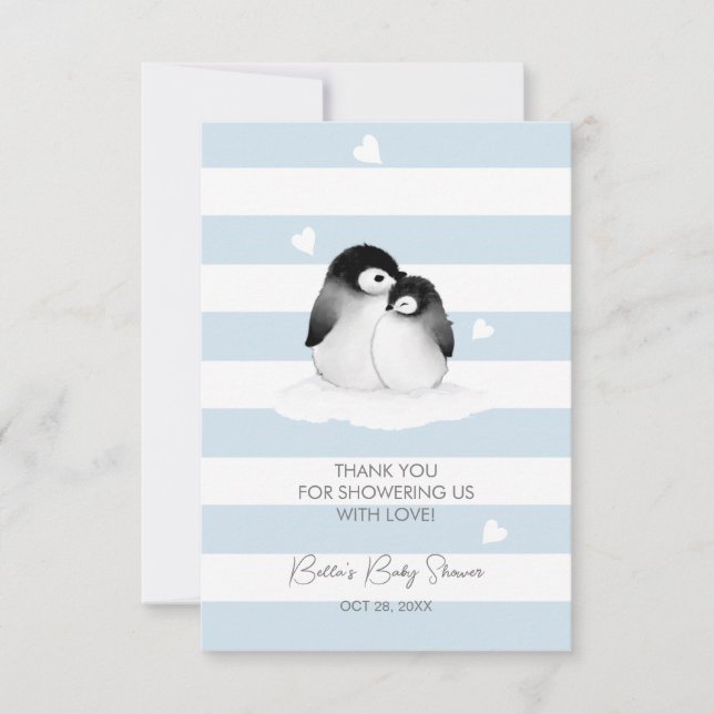 Cute Penguin Blue Grått Baby Shower Tack Kort (Framsida)