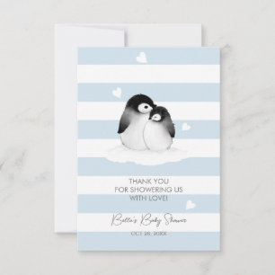 Cute Penguin Blue Grått Baby Shower Tack Kort
