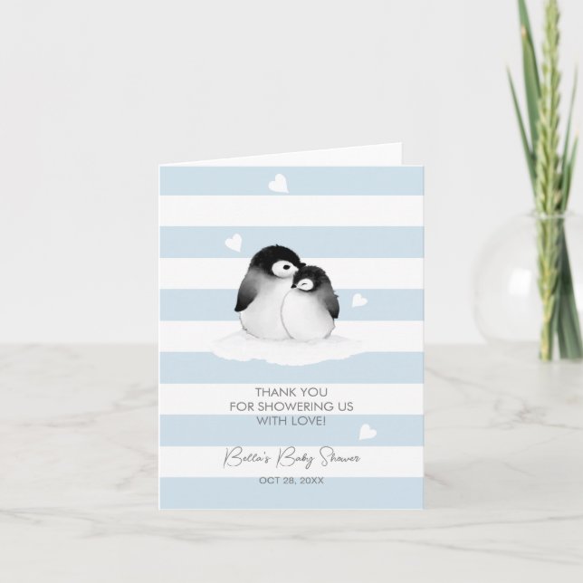 Cute Penguin Blue Grått Baby Shower Tack Kort (Framsida)