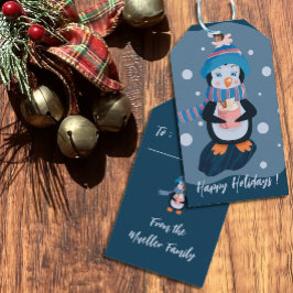 Cute Penguin Blue Helgdag Gift-Märkre Presentetikett