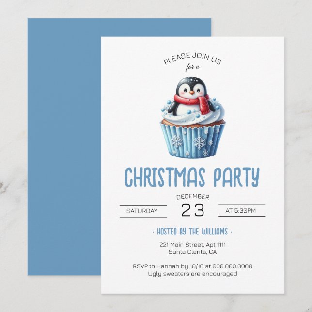 Cute Penguin Blue jul Party Inbjudningar (Fram/baksida)