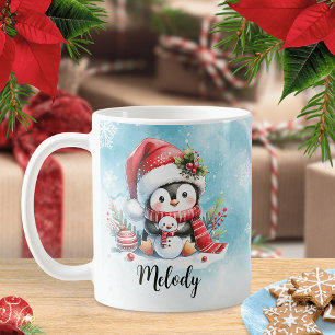Cute Penguin Blue och Red Custom Name God Jul Kaffemugg