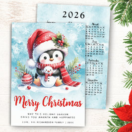 Cute Penguin Blue och Red God jul Julkort