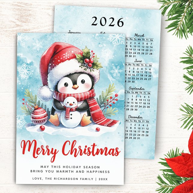 Cute Penguin Blue och Red God jul Julkort (Merry Christmas Card with a Cute Penguin in a Santa Hat, 2026 Calendar on a Backside of the Card)