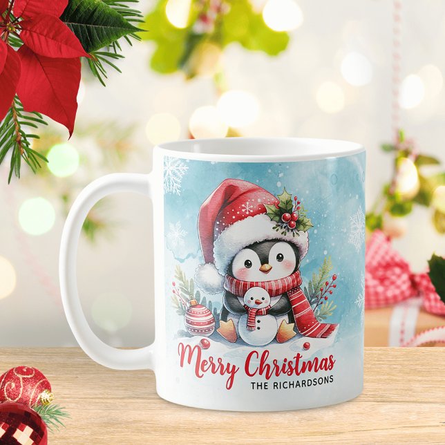 Cute Penguin Blue och Red God jul Kaffemugg (Skapare uppladdad)