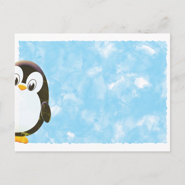 Cute Penguin Blue Watercolor  Vykort (Framsida)