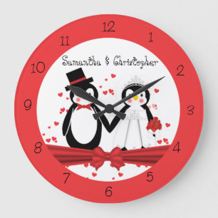 Cute Penguin Bride & Groom Bröllop Wall Clock Stor Klocka