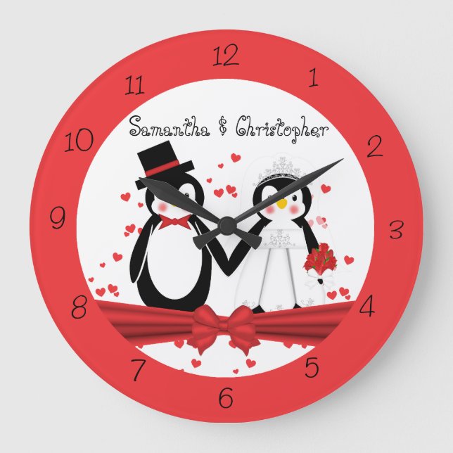 Cute Penguin Bride & Groom Bröllop Wall Clock Stor Klocka (Framsida)