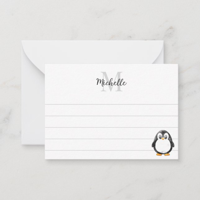Cute Penguin Cartoon Custom Lined Monogram Anteckningskort (Framsida)