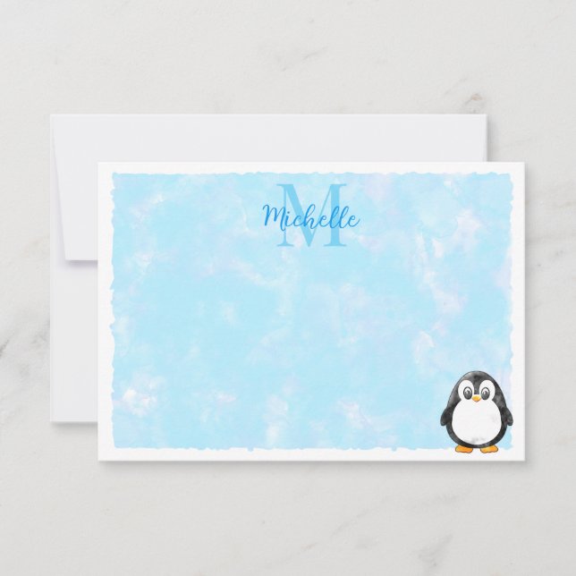 Cute Penguin Cartoon Custom Monogram Pastel Blue Anteckningskort (Framsida)