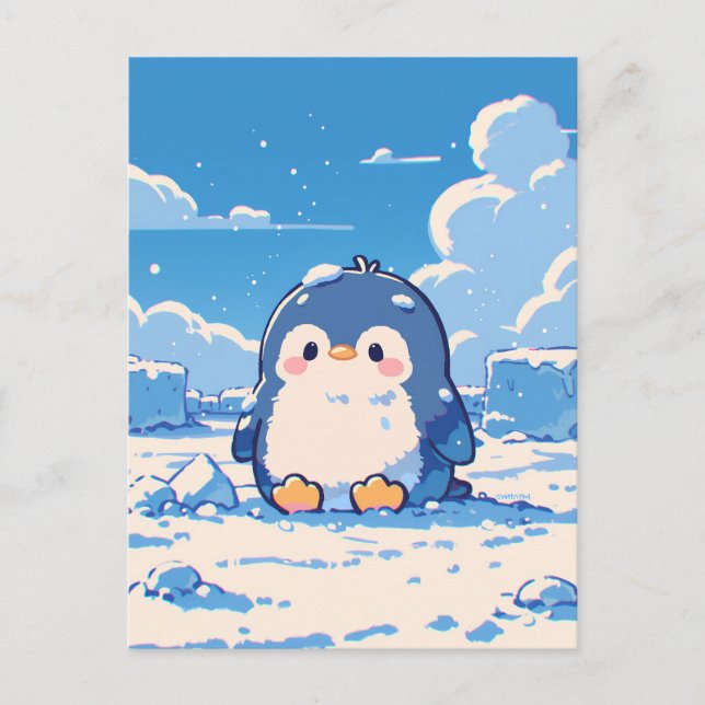 Cute Penguin Chick in Snowy Arctic Landscape Vykort (Framsida)