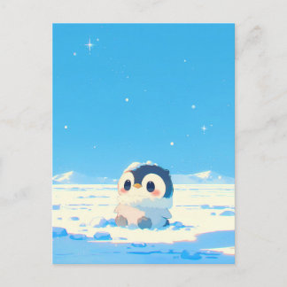 Cute Penguin Chick in Starry Arctic Landscape Vykort