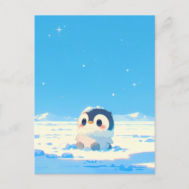 Cute Penguin Chick in Starry Arctic Landscape Vykort (Framsida)
