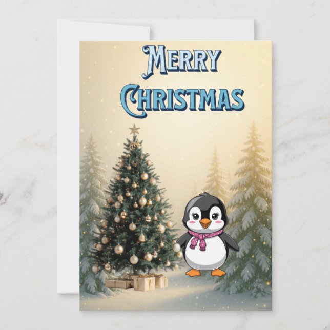 Cute Penguin & Christmas Tree Flat Holiday Card Inbjudningar (Framsida)