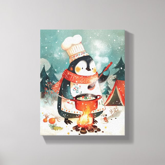 Cute Penguin Cooking Watercolor Winter Nursery Canvastryck (Framsida)