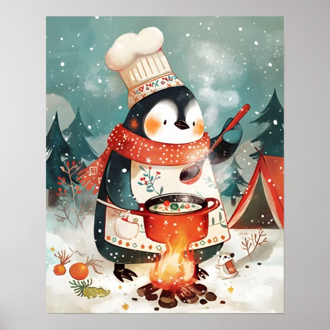 Cute Penguin Cooking Watercolor Winter Nursery Poster (Framsidan)