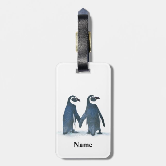 Cute Penguin Couple Holding Händer Bagagebricka (Baksidan Lodrät)