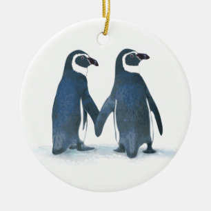 Cute Penguin Couple Holding Händer Julgransprydnad Keramik