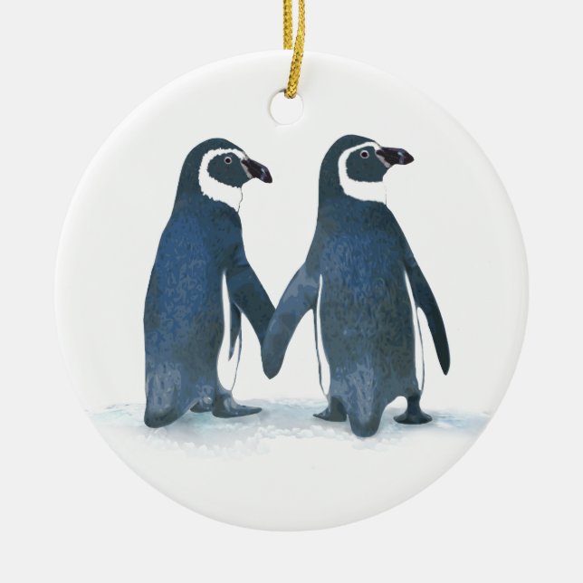 Cute Penguin Couple Holding Händer Julgransprydnad Keramik (Framsidan)