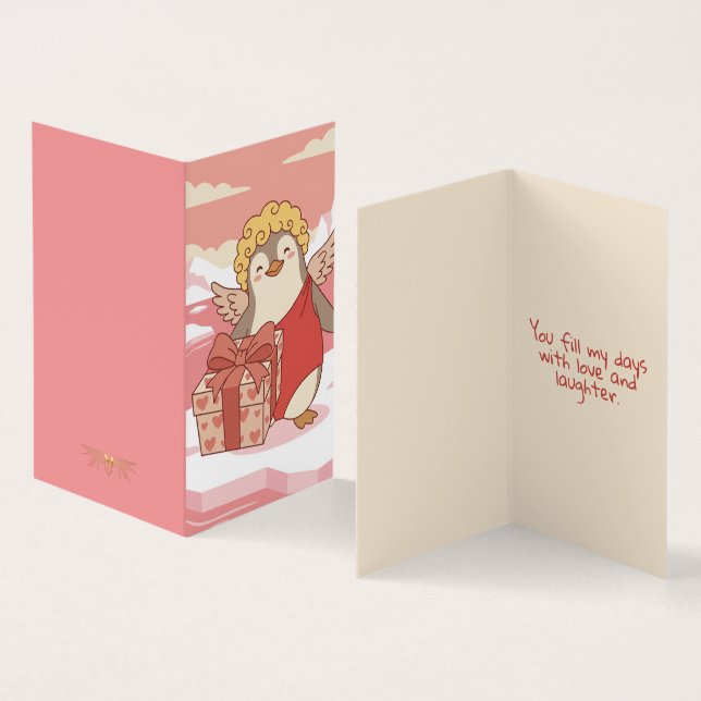Cute Penguin Cupid Mini Valentine Cards for Kids Kort (In- och utsida)