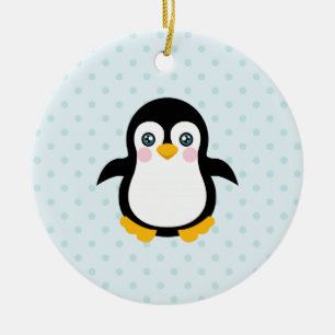 Cute Penguin Design Blue Polka Dot Background Julgransprydnad Keramik