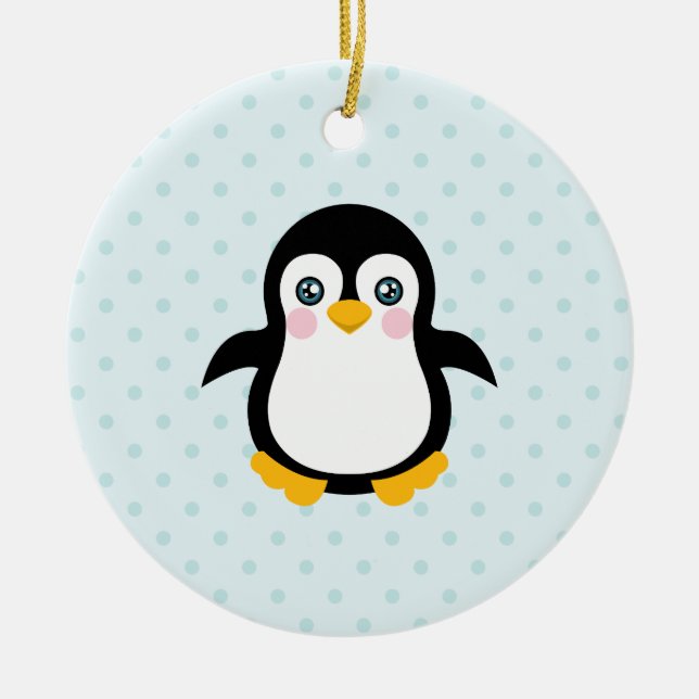 Cute Penguin Design Blue Polka Dot Background Julgransprydnad Keramik (Framsidan)