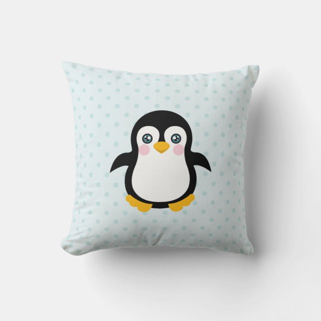 Cute Penguin Design Blue Polka Dot Background Kudde (Framsida)