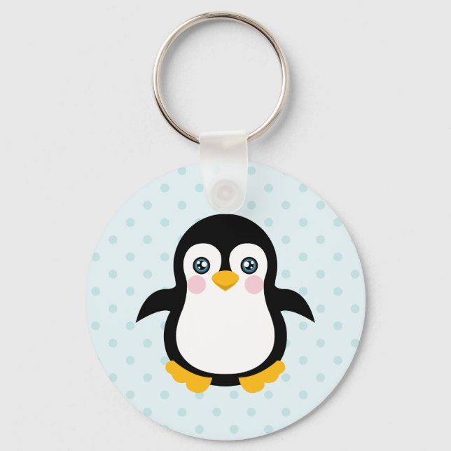 Cute Penguin Design Blue Polka Dot Background Nyckelring (Framsida)